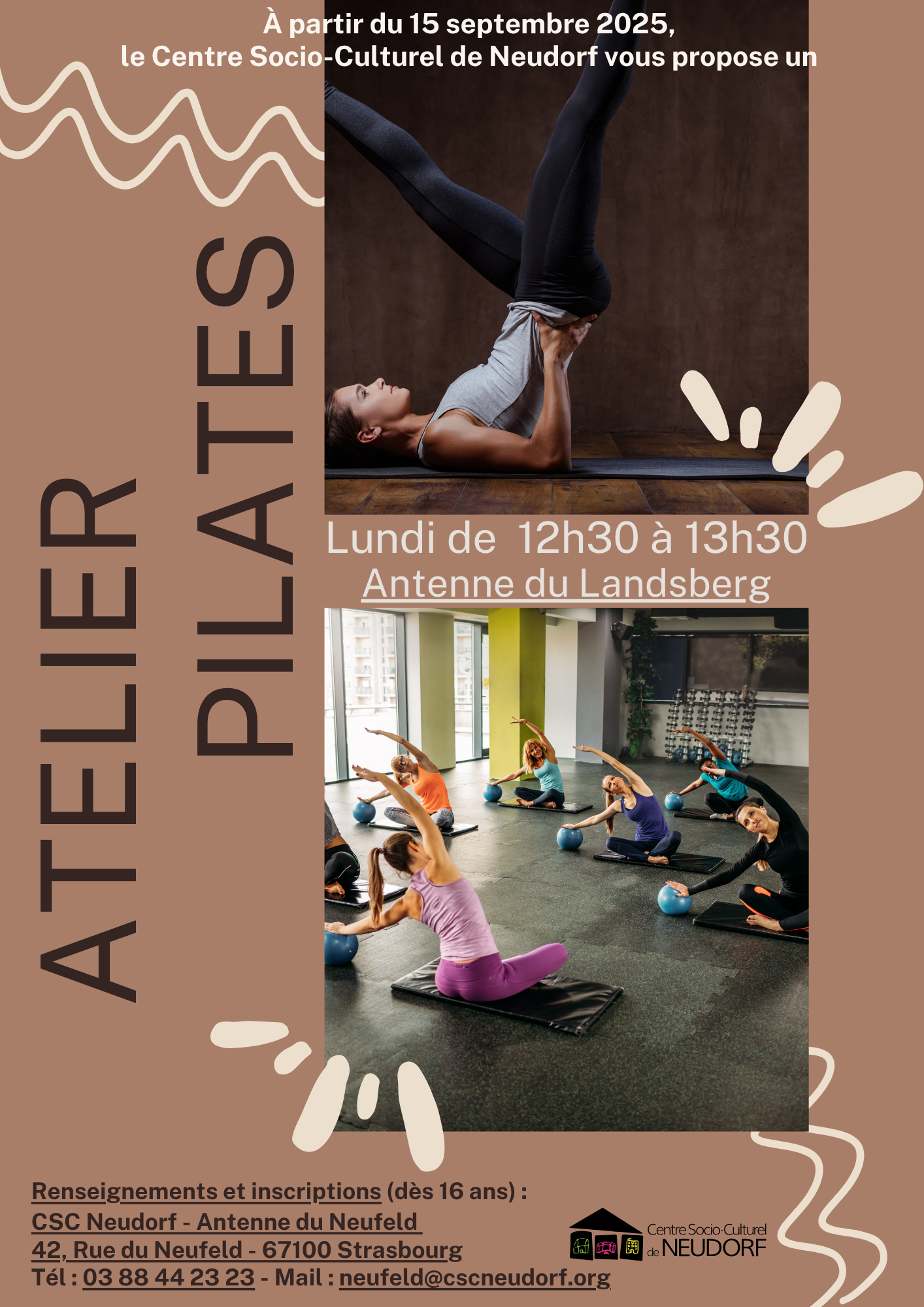 Atelier Pilates à partir du 15 septembre 2025 au CSC Neudorf, antenne du Landsberg 21 rue du Landsberg, tous les lundis de 12 heures 30 à 13 heures 30.