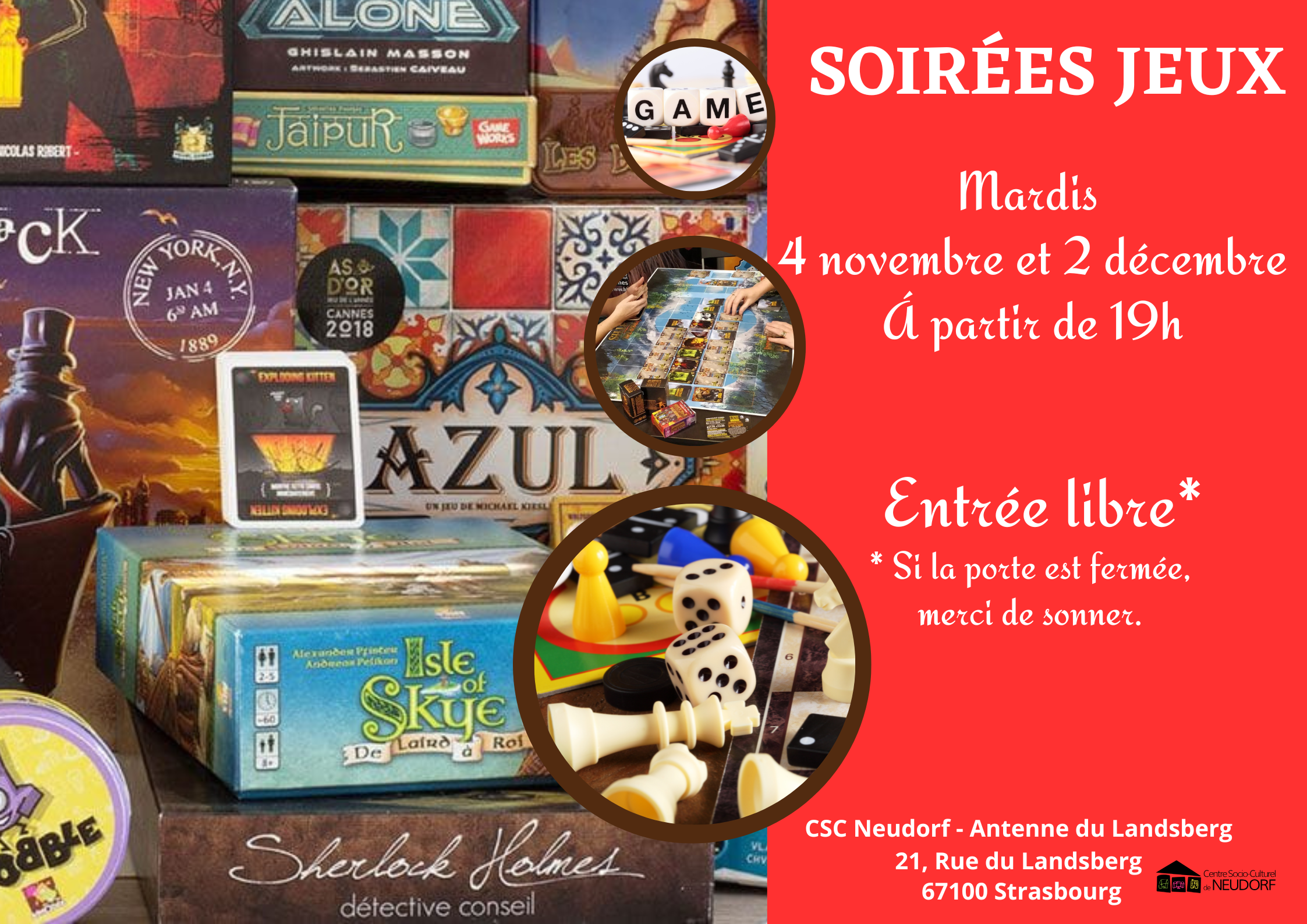 Soirée jeux les mardis 4 novembre et 2 décembre à partir de 19 heures au 21 rue du Landsberg. Entrée libre (veuillez sonner si la porte est fermée)