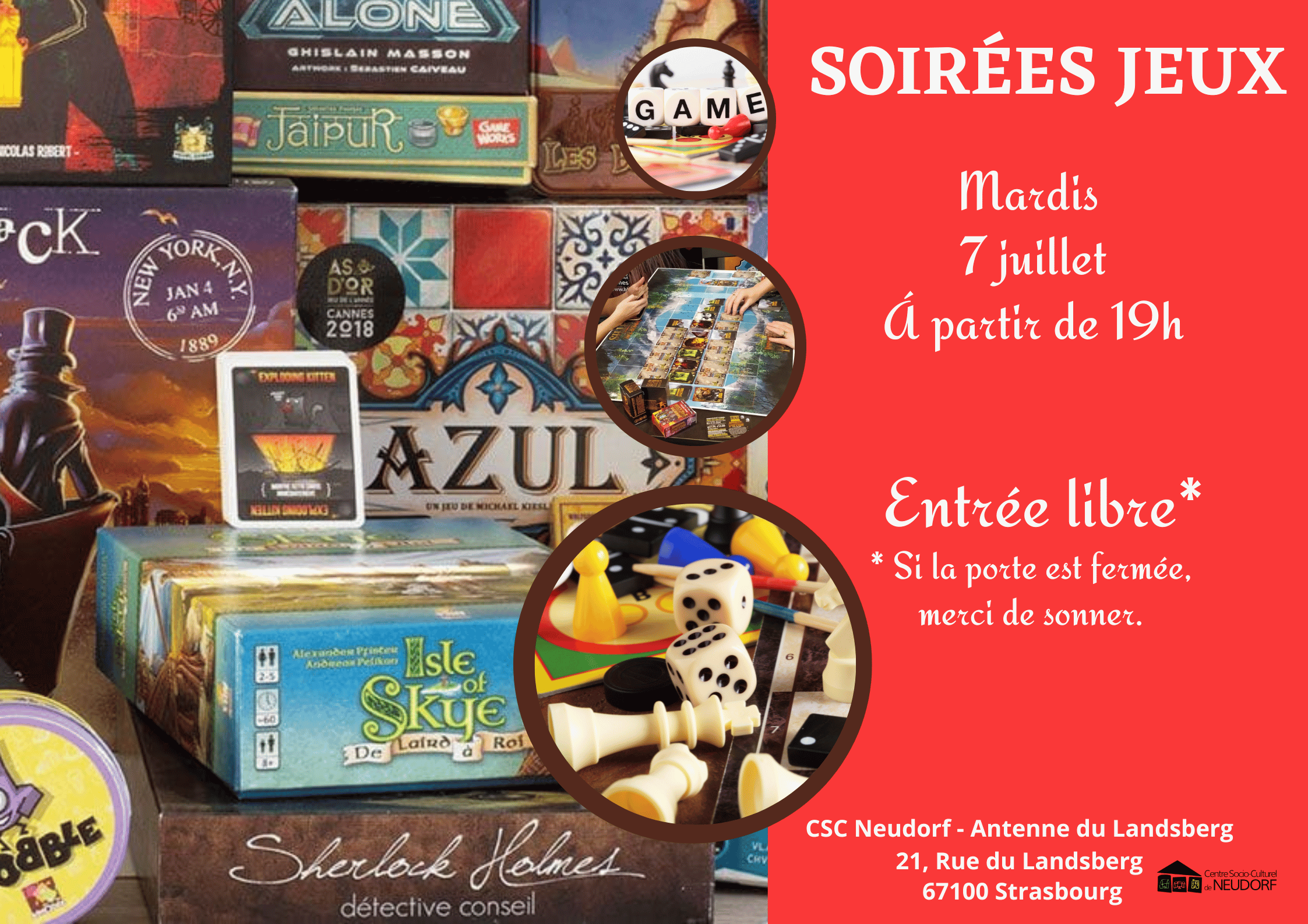 Soirée jeux les mardis 7 juillet à partir de 19 heures au 21 rue du Landsberg. Entrée libre (veuillez sonner si la porte est fermée)